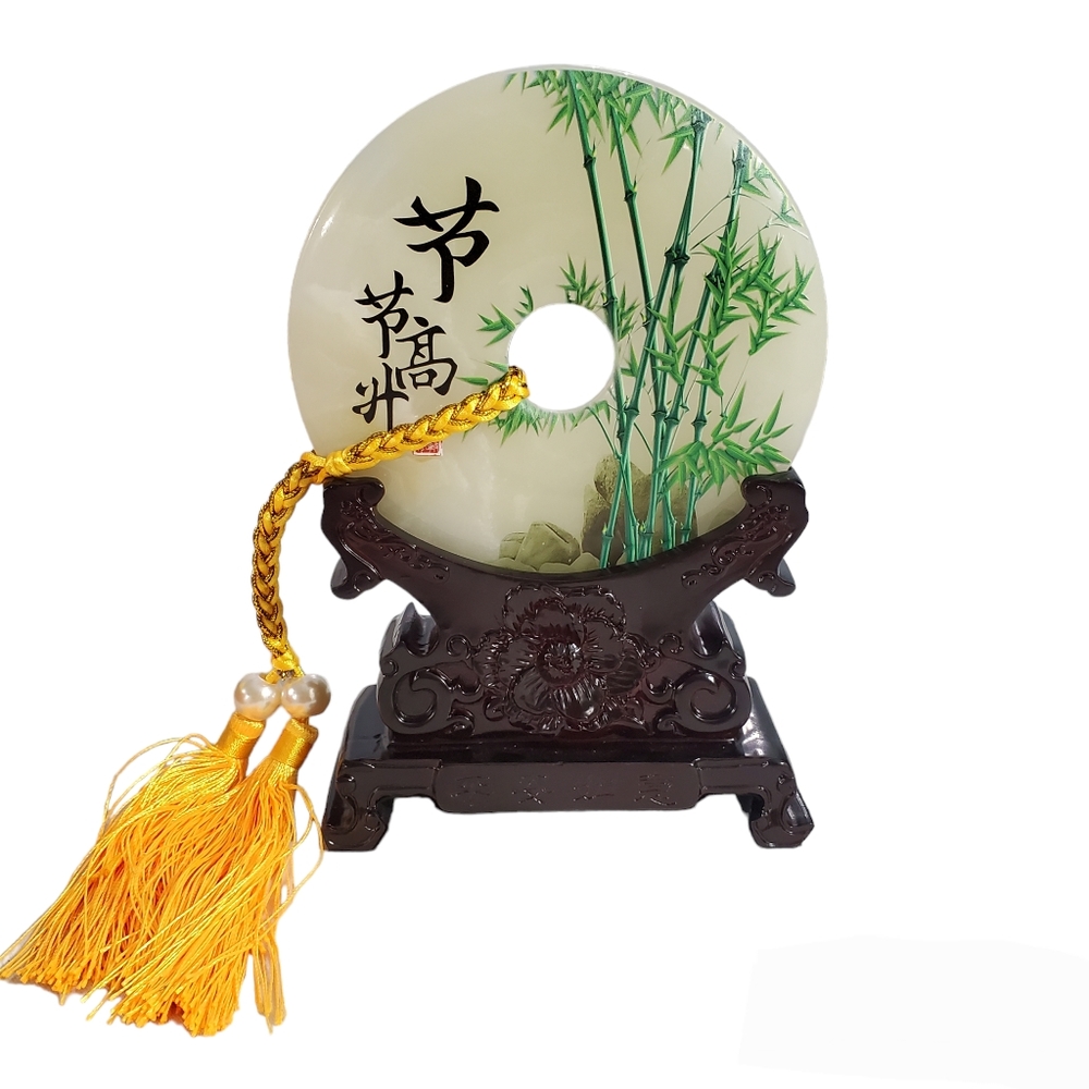 Genuine Jade Display Plate Bamboo Print With Floral Oriental Vase Stand